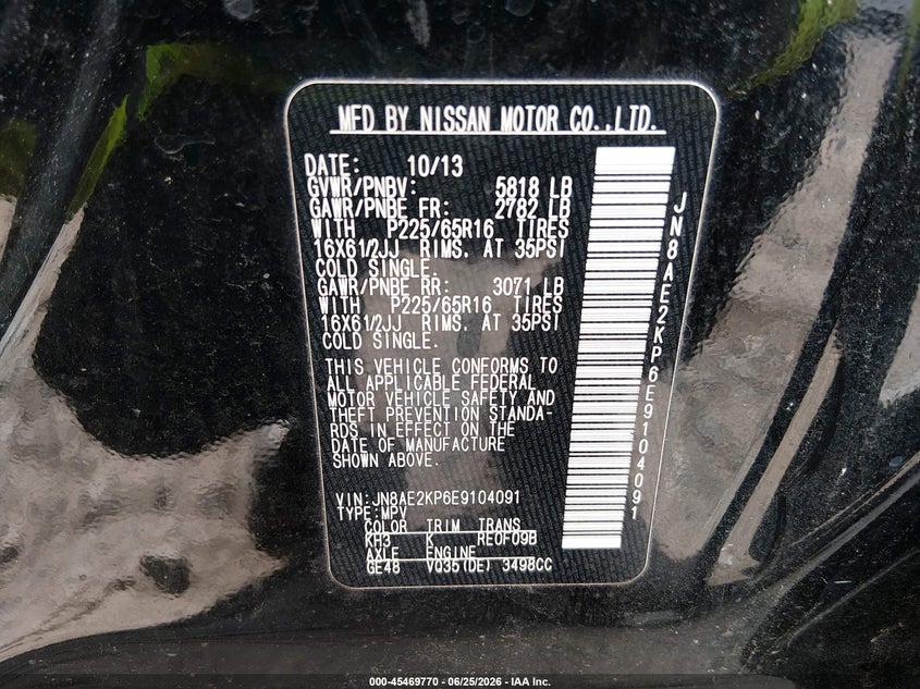2014 Nissan Quest VIN JN8AE2KP6E9104091 IAAI salvage auction — TRANSMISSION, Clear (Georgia), sold $275 on 2026-07-10 (photo 9)