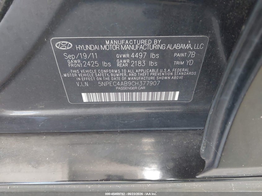 2012 Hyundai Sonata VIN 5NPEC4AB9CH377907 IAAI salvage auction — NORMAL WEAR, Clear (Florida), sold $800 on 2026-07-15 (photo 9)