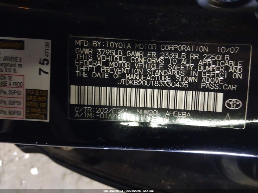 2008 Toyota Prius VIN JTDKB20U183330435 IAAI salvage auction — NORMAL WEAR, Clear-Dealer Only (Oregon), sold $1,150 on 2026-07-09 (photo 9)