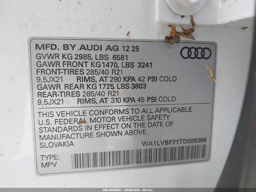 2026 Audi Q7 VIN WA1LVBF71TD008386 IAAI salvage auction — WATER/FLOOD, Salvage Title, sold $5,200 on 2026-07-29 (photo 9)