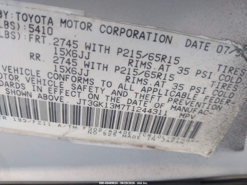 1996 Toyota PREVIA VIN JT3GK13M7T1244311 IAAI salvage auction — UNKNOWN, Salvage (California), sold $550 on 2026-07-08 (photo 9)