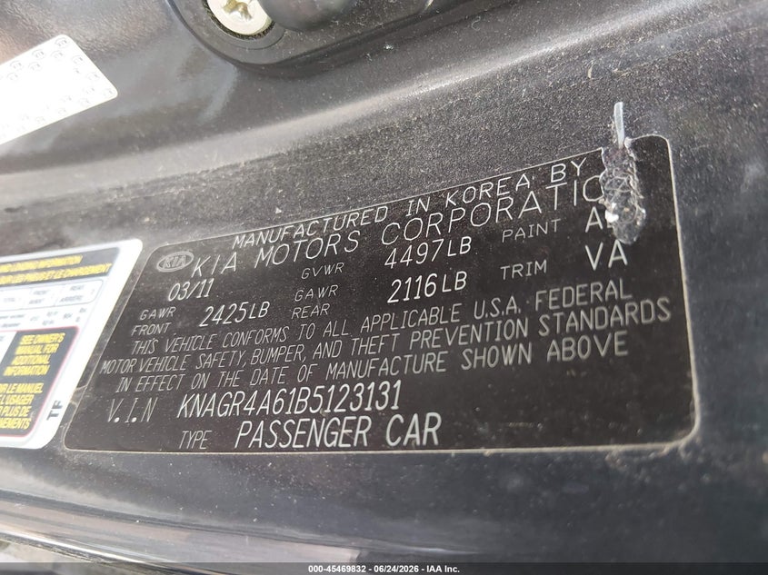 2011 Kia Optima VIN KNAGR4A61B5123131 IAAI salvage auction — NORMAL WEAR, Clear - Public Restricted (Oklahoma), sold $250 on 2026-07-29 (photo 9)