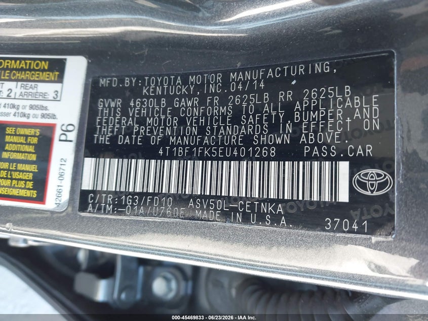 2014 Toyota Camry VIN 4T1BF1FK5EU401268 IAAI salvage auction — NORMAL WEAR, Salvage (California), sold $1,725 on 2026-07-27 (photo 9)
