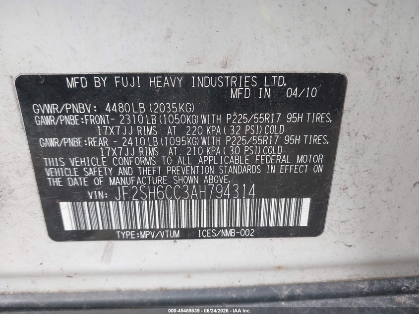2010 Subaru Forester VIN JF2SH6CC3AH794314 IAAI salvage auction — NORMAL WEAR, Clear (Illinois), sold $400 on 2026-07-22 (photo 9)