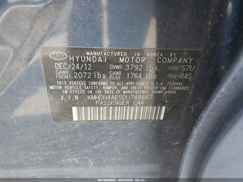 2013 Hyundai Elantra VIN KMHDH4AE5DU748667 IAAI salvage auction — NORMAL WEAR, Original (Texas), sold $1,475 on 2026-07-28 (photo 9)