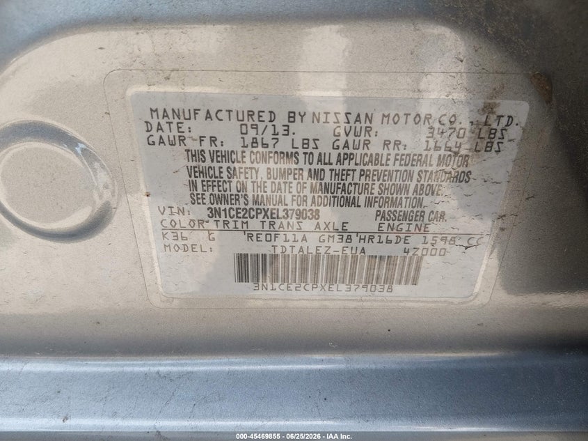 2014 Nissan Versa VIN 3N1CE2CPXEL379038 IAAI salvage auction — FRONT END, Clear (Massachusetts), sold $900 on 2026-07-09 (photo 9)