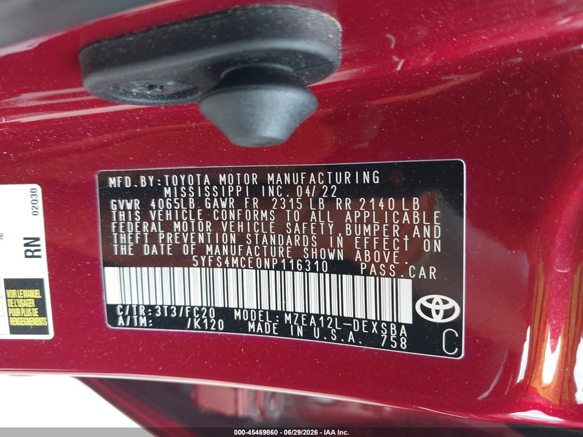 2022 Toyota Corolla VIN 5YFS4MCE0NP116310 IAAI salvage auction — HAIL, Salvage Title, sold $5,100 on 2026-07-21 (photo 9)