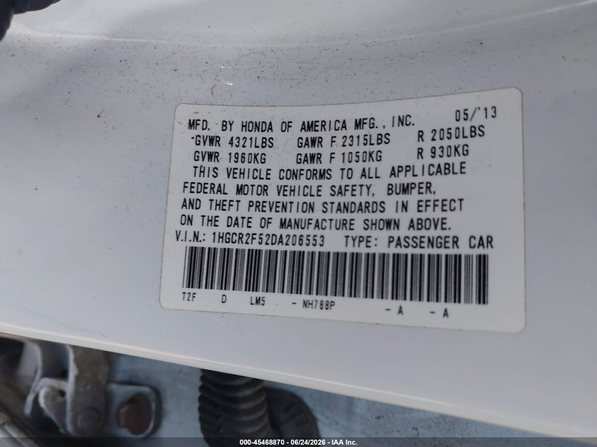 2013 Honda Accord VIN 1HGCR2F52DA206553 IAAI salvage auction — FRONT END, Salvage (Pennsylvania), sold $1,950 on 2026-07-18 (photo 9)