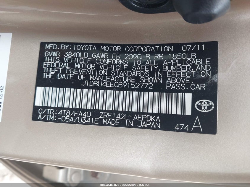 2011 Toyota Corolla VIN JTDBU4EE0B9152772 IAAI salvage auction — SUSPENSION, Salvage (Rhode Island), sold $1,100 on 2026-07-28 (photo 9)
