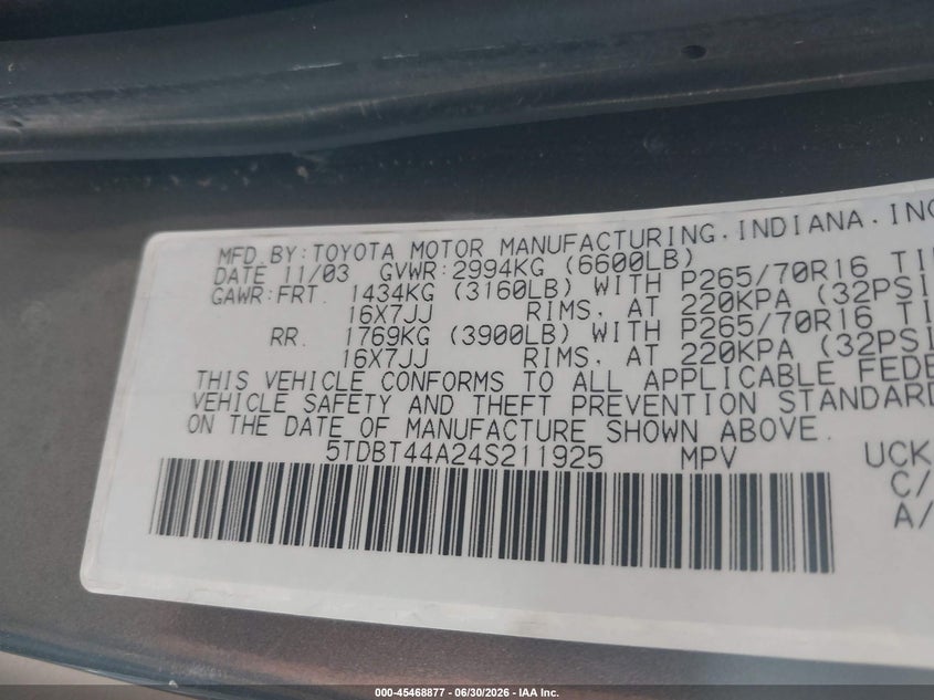 2004 Toyota Sequoia VIN 5TDBT44A24S211925 IAAI salvage auction — NORMAL WEAR, Clear (Washington), sold $75 on 2026-07-14 (photo 9)