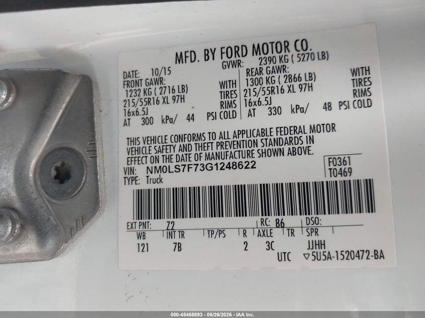 2016 Ford Transit VIN NM0LS7F73G1248622 IAAI salvage auction — LEFT SIDE, Salvage - Greater Than 75% (Maryland), sold $2,500 on 2026-08-02 (photo 9)