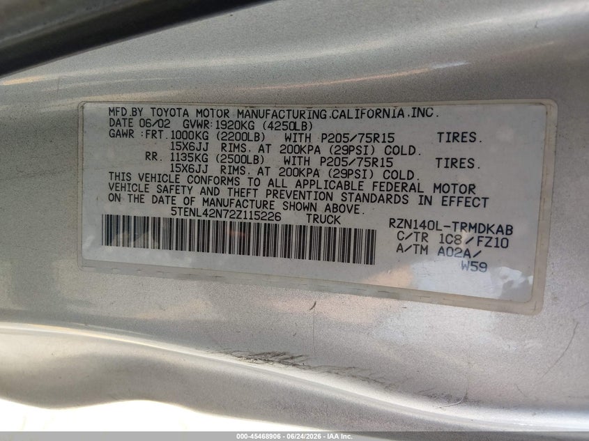 2002 Toyota Tacoma VIN 5TENL42N72Z115226 IAAI salvage auction — REAR END, Salvage (California), sold $225 on 2026-07-21 (photo 9)