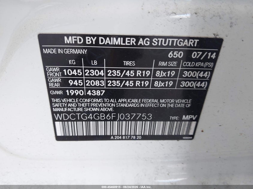 2015 Mercedes-benz VIN WDCTG4GB6FJ037753 IAAI salvage auction — NORMAL WEAR, Salvage Title, sold $1,425 on 2026-08-04 (photo 9)