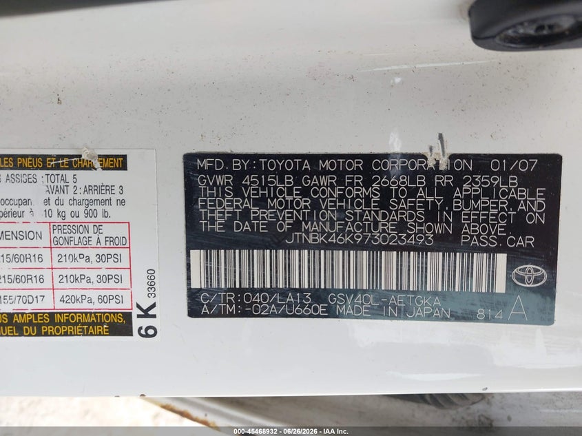 2007 Toyota Camry VIN JTNBK46K973023493 IAAI salvage auction — NORMAL WEAR, Clear (Wisconsin), sold $650 on 2026-07-15 (photo 9)