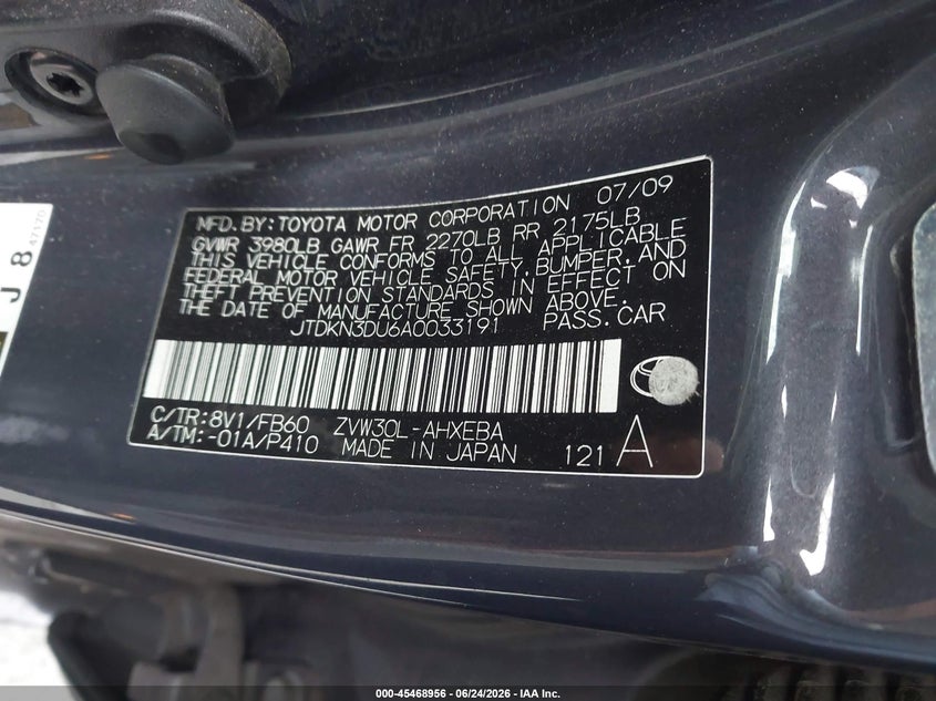 2010 Toyota Prius VIN JTDKN3DU6A0033191 IAAI salvage auction — SIDE, Salvage (California), sold $1,450 on 2026-07-18 (photo 9)