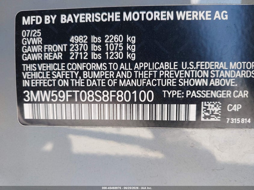 2025 BMW 3er VIN 3MW59FT08S8F80100 IAAI salvage auction — FRONT END, Salvage (California), sold $27,100 on 2026-08-03 (photo 9)