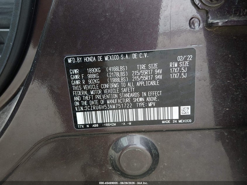 2022 Honda Hr-v VIN 3CZRU6H53NM751722 IAAI salvage auction — FRONT END, Salvage (Ohio), sold $5,800 on 2026-07-09 (photo 9)