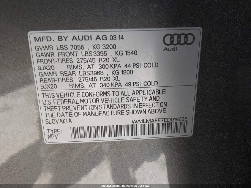 2014 Audi Q7 VIN WA1LMAFE7ED018628 IAAI salvage auction — FRONT END, Clear (Montana), sold $3,125 on 2026-07-08 (photo 9)