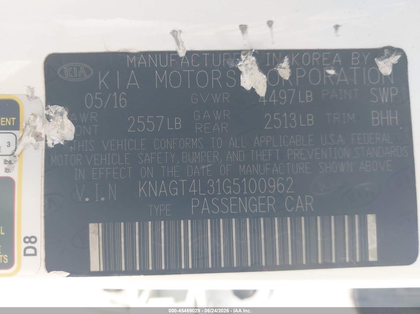 2016 Kia Optima VIN KNAGT4L31G5100962 IAAI salvage auction — FRONT & REAR, Salvage (California), sold $1,000 on 2026-07-25 (photo 9)