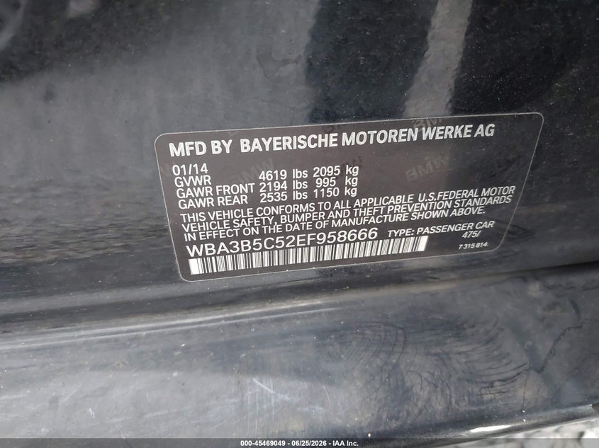 2014 BMW 3er VIN WBA3B5C52EF958666 IAAI salvage auction — FRONT END, Salvage Title, sold $2,400 on 2026-07-22 (photo 9)