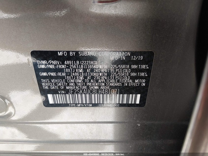 2020 Subaru Forester VIN JF2SKAUC8LH481071 IAAI salvage auction — SIDE, Salvage (California), sold $7,175 on 2026-07-14 (photo 9)