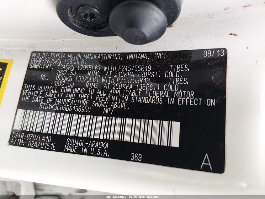 2013 Toyota Highlander VIN 5TDYK3EH5DS136950 IAAI salvage auction — FRONT END, Salvage (Arizona), sold $3,275 on 2026-07-28 (photo 9)
