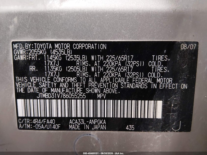 2008 Toyota Rav 4 VIN JTMBD31V786055255 IAAI salvage auction — REAR END, Salvage (Iowa), sold $25 on 2026-07-28 (photo 9)