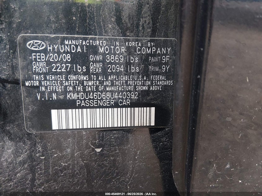2008 Hyundai Elantra VIN KMHDU46D68U440392 IAAI salvage auction — REAR END, Salvage (Ohio), sold $300 on 2026-07-16 (photo 9)