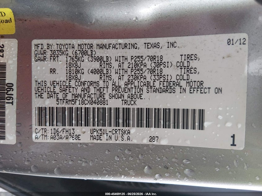 2012 Toyota Tundra VIN 5TFRM5F18CX040881 IAAI salvage auction — FRONT & REAR, Nrc Lienholder Repossession Paperwork (Mississippi), sold $3,000 on 2026-07-29 (photo 9)