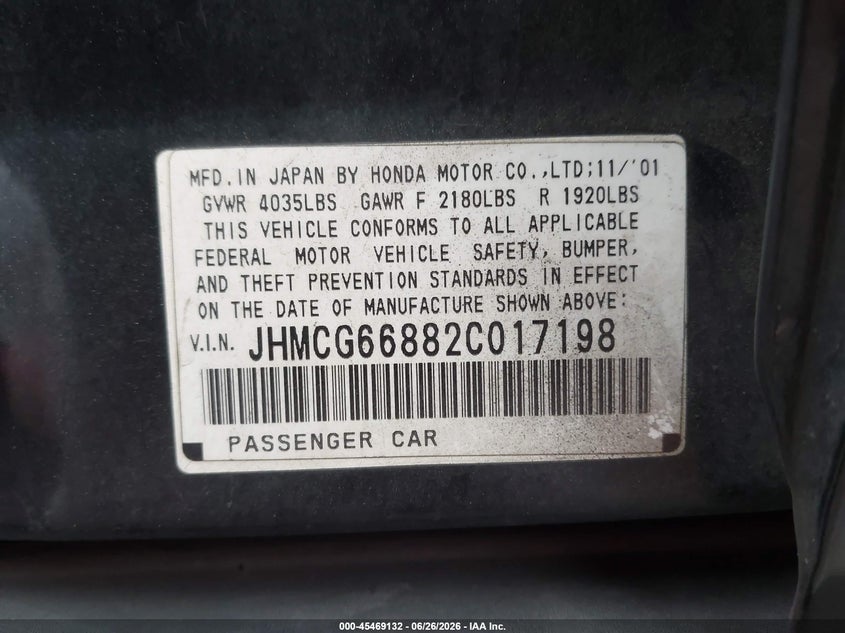 2002 Honda Accord VIN JHMCG66882C017198 IAAI salvage auction — RIGHT SIDE, Salvage (California), sold $150 on 2026-07-23 (photo 9)