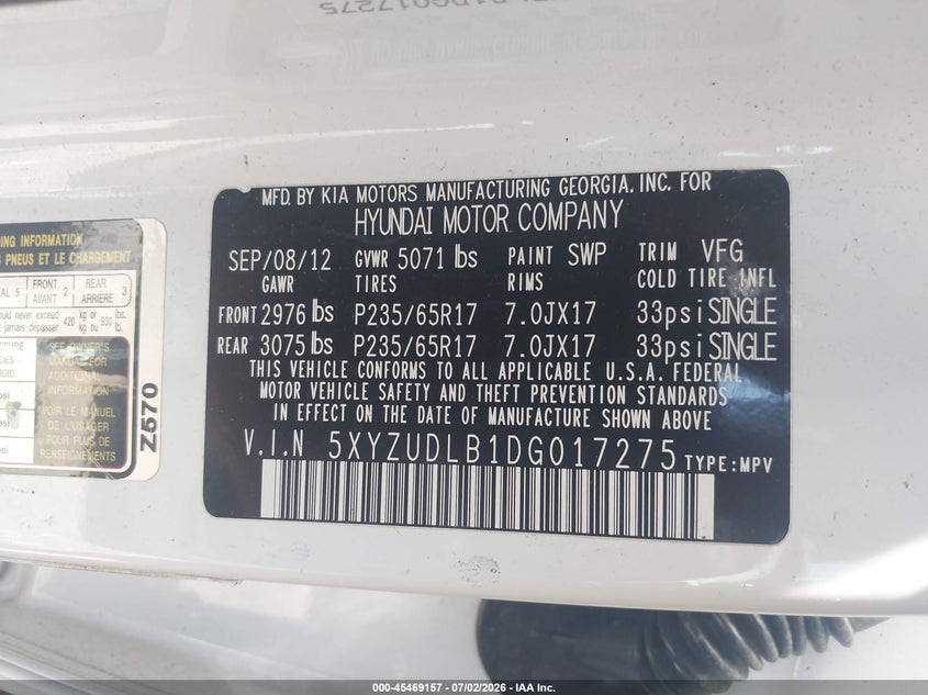 2013 Hyundai Santa fe VIN 5XYZUDLB1DG017275 IAAI salvage auction — ENGINE BURN, Mv-907A (New York), sold $525 on 2026-07-28 (photo 9)
