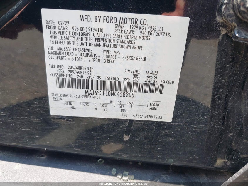 2022 Ford Ecosport VIN MAJ6S3FL0NC458205 IAAI salvage auction — FRONT END, Salvage (Ohio), sold $1,600 on 2026-07-27 (photo 9)
