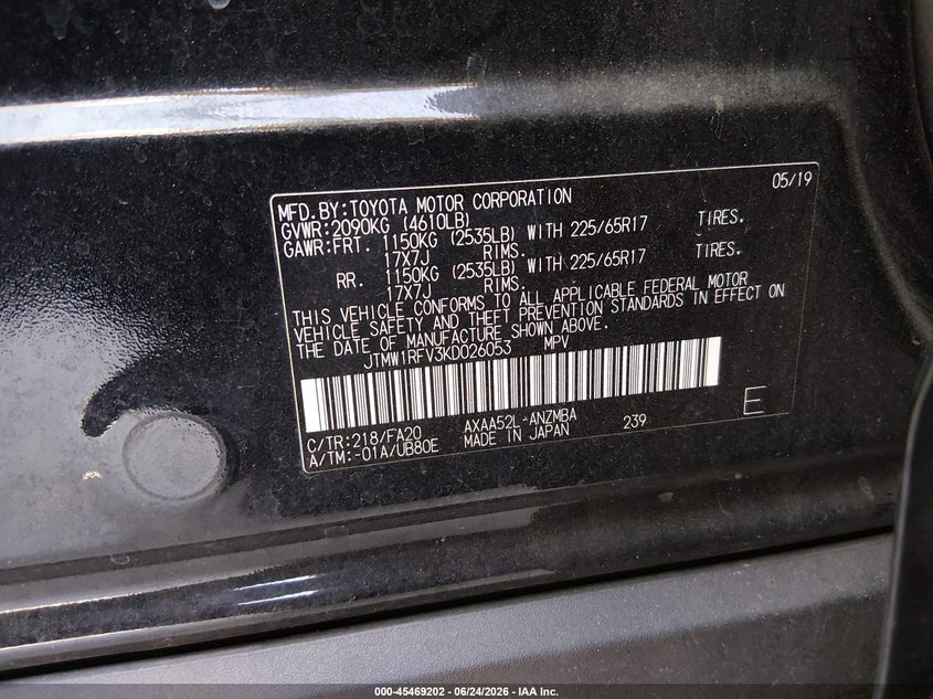 2019 Toyota Rav 4 VIN JTMW1RFV3KD026053 IAAI salvage auction — LEFT FRONT, Salvage (California), sold $7,000 on 2026-07-29 (photo 9)