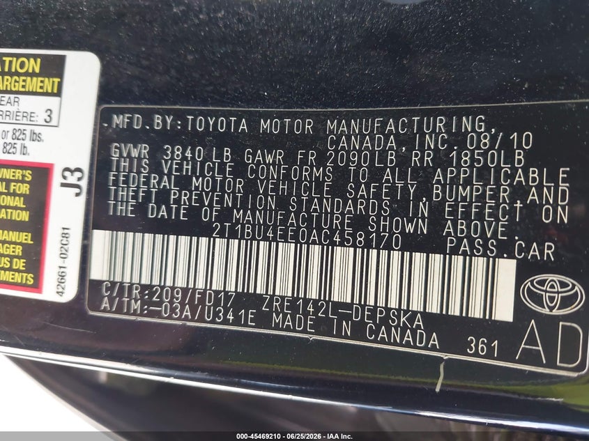 2010 Toyota Corolla VIN 2T1BU4EE0AC458170 IAAI salvage auction — FRONT & REAR, Salvage (New Jersey), sold $1,700 on 2026-07-29 (photo 9)