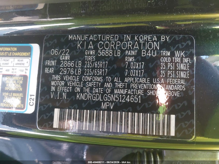 2022 Kia VIN KNDRGDLG5N5124651 IAAI salvage auction — LEFT REAR, Salvage (California), sold $11,050 on 2026-07-13 (photo 9)