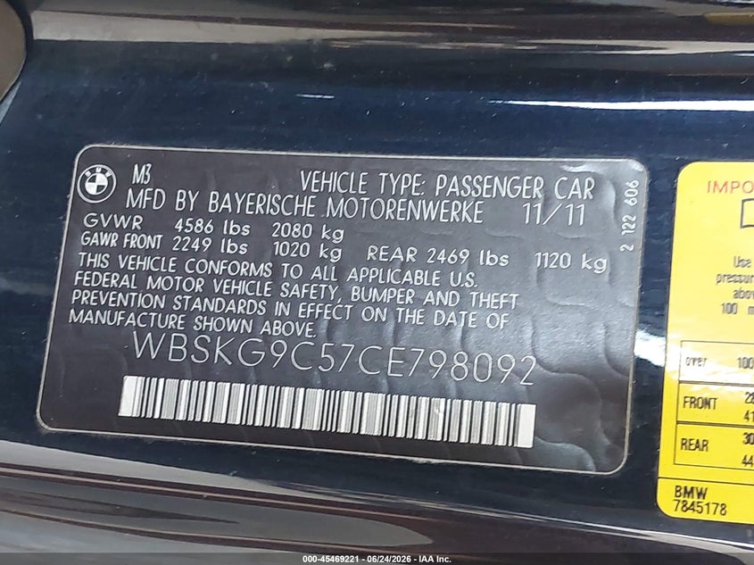 2012 BMW M3 VIN WBSKG9C57CE798092 IAAI salvage auction — LEFT FRONT, Bill Of Sale (Washington), sold $8,100 on 2026-07-12 (photo 9)