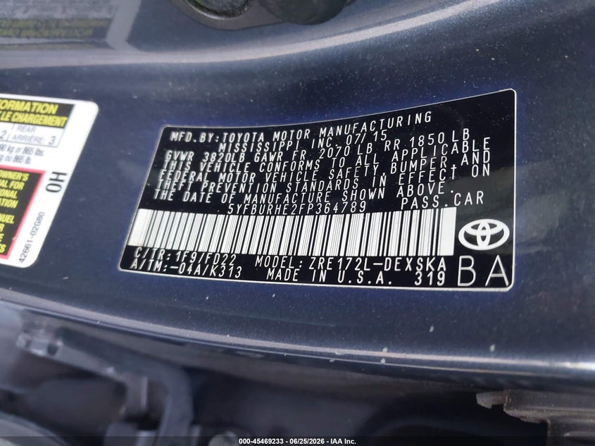 2015 Toyota Corolla VIN 5YFBURHE2FP364789 IAAI salvage auction — FRONT END, Rebuildable (Florida), sold $2,300 on 2026-07-20 (photo 9)