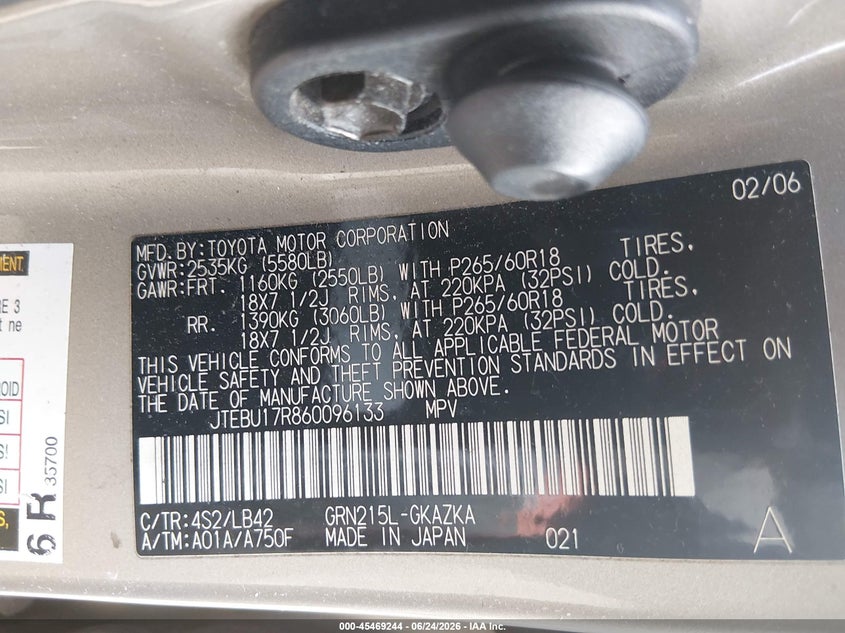 2006 Toyota 4runner VIN JTEBU17R860096133 IAAI salvage auction — FRONT END, Salvage (Illinois), sold $2,850 on 2026-07-19 (photo 9)