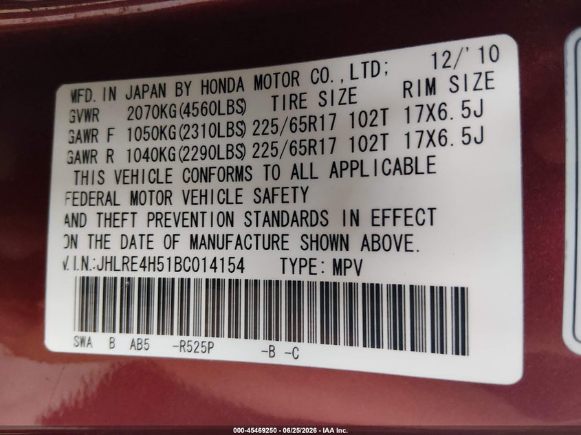 2011 Honda Cr-v VIN JHLRE4H51BC014154 IAAI salvage auction — LEFT FRONT, Bill Of Sale (Washington), sold $2,450 on 2026-07-29 (photo 9)