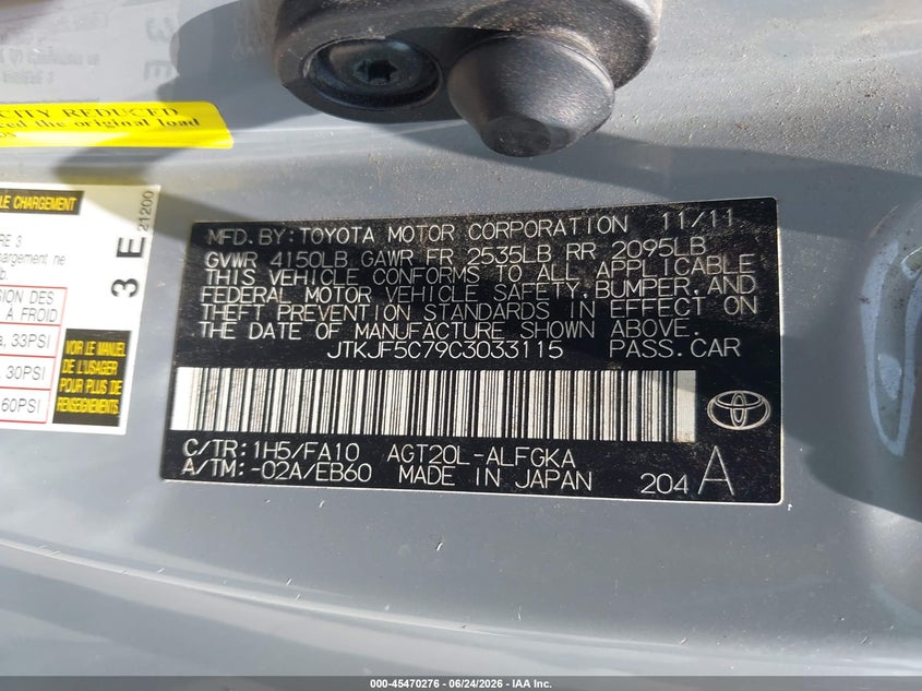 2012 Scion Tc VIN JTKJF5C79C3033115 IAAI salvage auction — TRANSMISSION, Original (Texas), sold $1,450 on 2026-07-14 (photo 9)