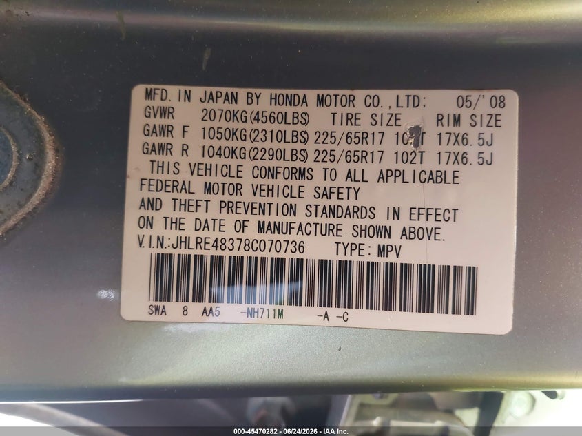 2008 Honda Cr-v VIN JHLRE48378C070736 IAAI salvage auction — LEFT SIDE, Salvage (Idaho), sold $25 on 2026-07-22 (photo 9)
