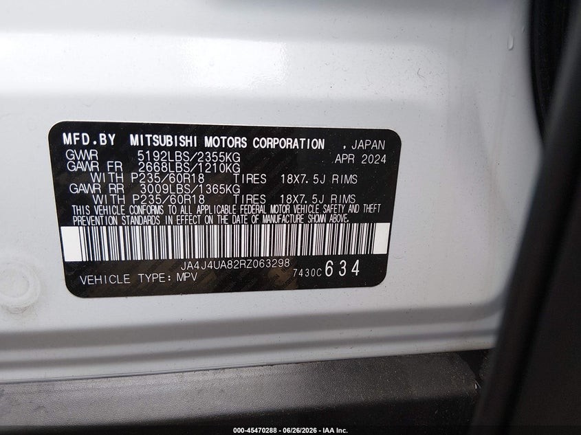 2024 Mitsubishi Outlander VIN JA4J4UA82RZ063298 IAAI salvage auction — REAR END, Salvage Title, sold $10,000 on 2026-08-20 (photo 9)