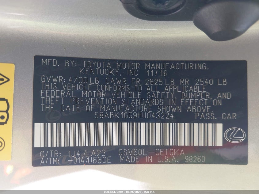 2017 Lexus ES VIN 58ABK1GG9HU043224 IAAI salvage auction — REAR END, Salvage (California), sold $7,800 on 2026-07-09 (photo 9)