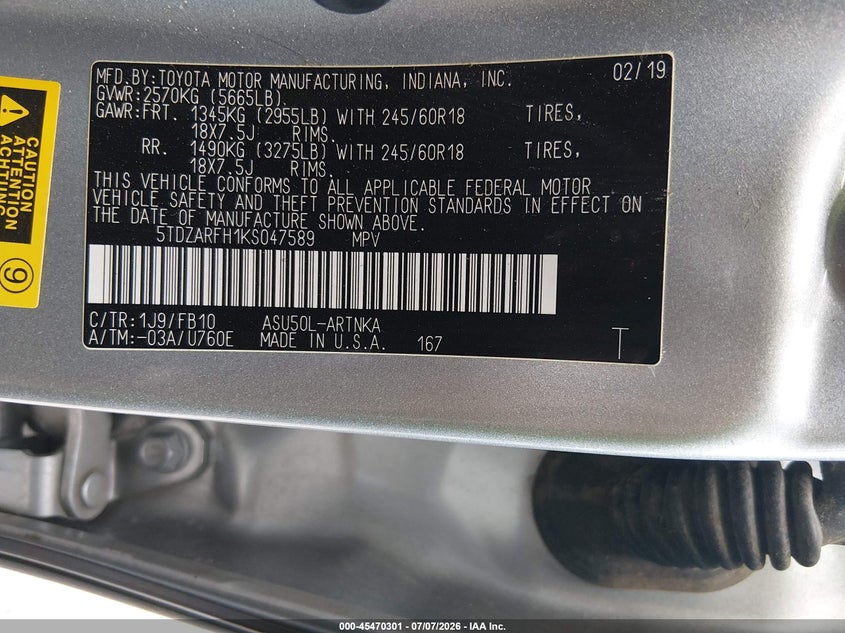 2019 Toyota Highlander VIN 5TDZARFH1KS047589 IAAI salvage auction — FRONT END, Clear (South Carolina), sold $2,050 on 2026-07-28 (photo 9)