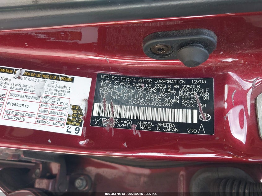 2004 Toyota Prius VIN JTDKB20U640035987 IAAI salvage auction — NORMAL WEAR, Peddle Clear Public-Restricted (Oregon), sold $500 on 2026-07-21 (photo 9)