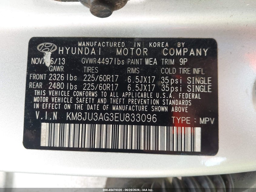 2014 Hyundai Tucson VIN KM8JU3AG3EU833096 IAAI salvage auction — NORMAL WEAR, Clear (Virginia), sold $1,200 on 2026-07-21 (photo 9)