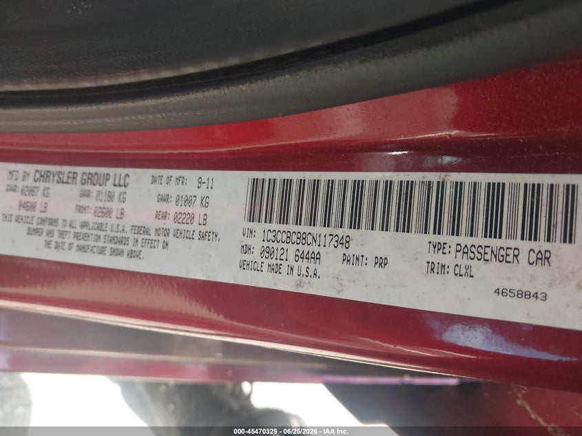 2012 Chrysler 200 VIN 1C3CCBCB8CN117348 IAAI salvage auction — NORMAL WEAR, Clear (South Carolina), sold $650 on 2026-07-17 (photo 9)
