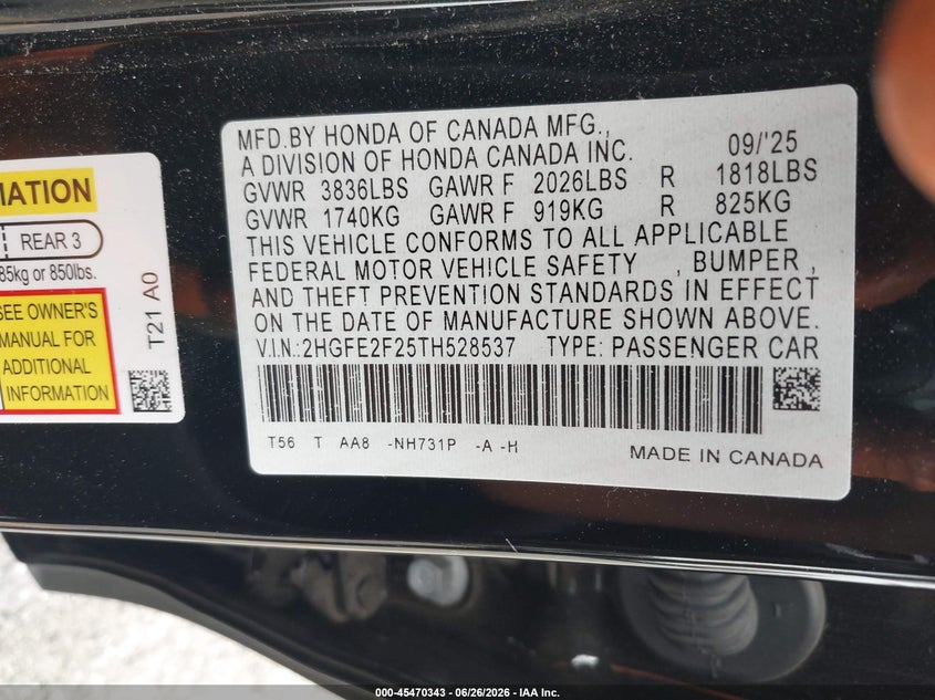 2026 Honda Civic VIN 2HGFE2F25TH528537 IAAI salvage auction — LEFT FRONT, Salvage Title, sold $7,800 on 2026-08-25 (photo 9)
