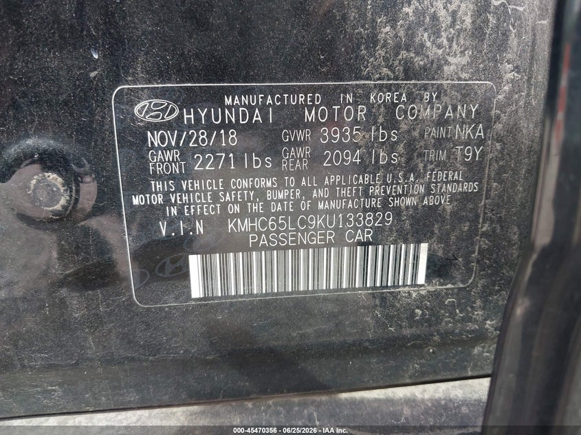 2019 Hyundai Ioniq VIN KMHC65LC9KU133829 IAAI salvage auction — FRONT END, Salvage (Missouri), sold $2,300 on 2026-08-01 (photo 9)