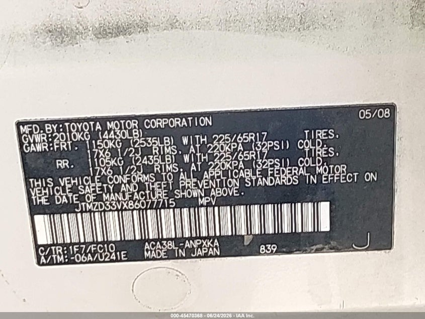 2008 Toyota Rav4 VIN JTMZD33VX86077715 IAAI salvage auction — FRONT & REAR, Salvage (California), sold $750 on 2026-07-29 (photo 9)